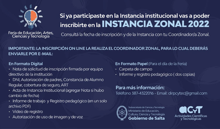 Del 11 al 22 de agosto se realizarán las instancias zonales de la Feria de Educación, Arte, Ciencia y Tecnología Del 11 al 22 de agosto se realizarán las instancias zonales de la Feria de Educación, Arte, Ciencia y Tecnología
