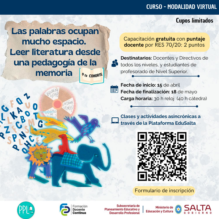 Imagen: Curso: “Las palabras ocupan mucho espacio. Leer literatura desde una pedagogía de la memoria” – 4° cohorte